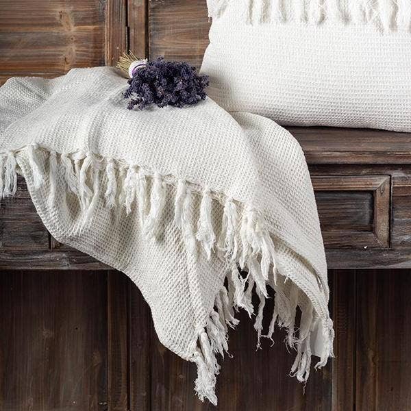 Cotton Waffle Weave Throw With Fringes - White