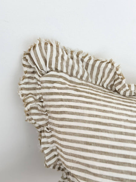 Hallie Ruffled Linen Cushion  – Olive Stripe 20x12"