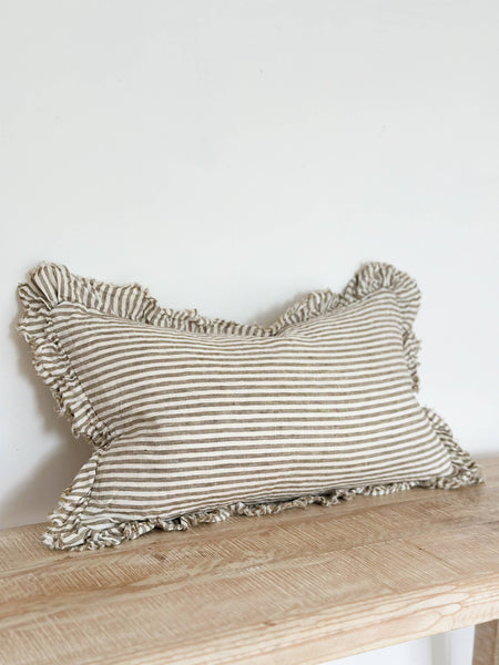 Hallie Ruffled Linen Cushion  – Olive Stripe 20x12"