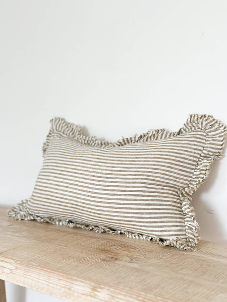 Hallie Ruffled Linen Cushion  – Olive Stripe 20x12"