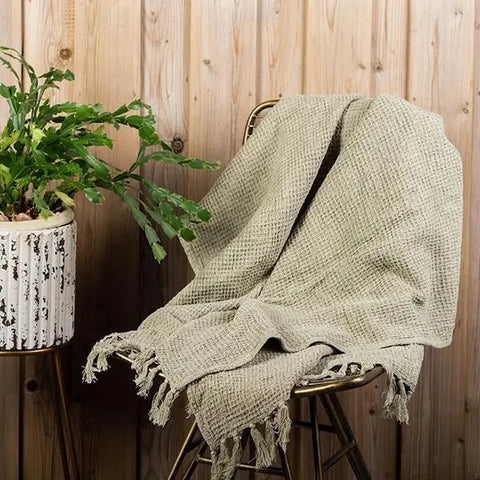 Cotton Waffle Weave Throw With Fringes, Sage Green