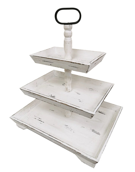 Distressed White Wood Three Tiered Stand