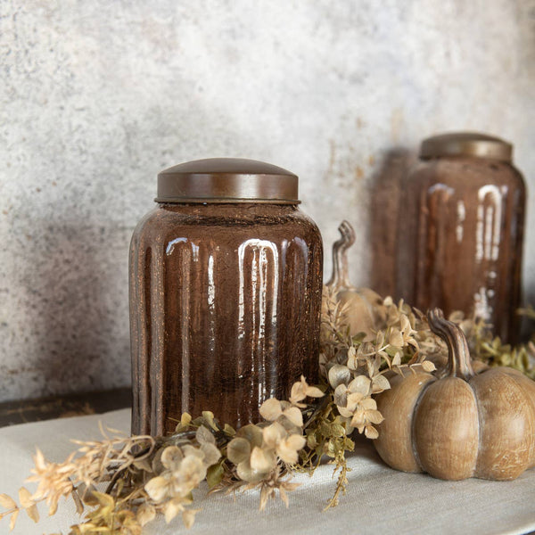 11" AMBER GLASS JAR W/ ANTIQUE LID
