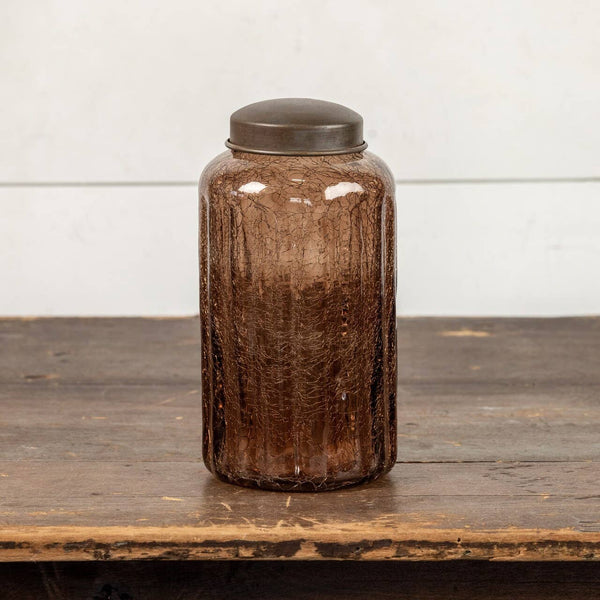 9.75" AMBER GLASS JAR W/ ANTIQUE LID