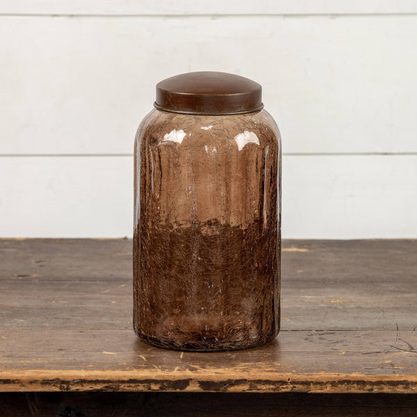 9" AMBER GLASS JAR W/ ANTIQUE LID