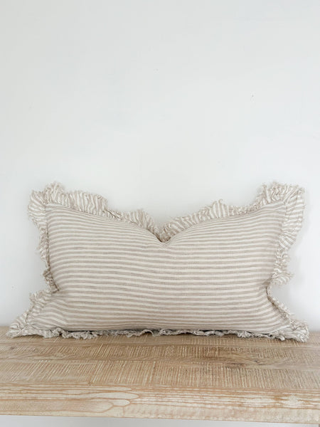 Hallie Ruffled Linen Cushion  – Natural Beige Stripe 20x12"