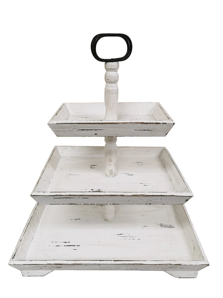 Distressed White Wood Three Tiered Stand