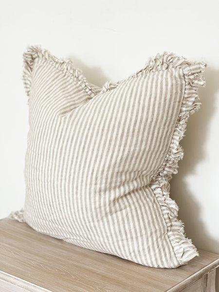 Hallie Ruffled Linen Cushion  – Natural Beige Stripe 20x20"