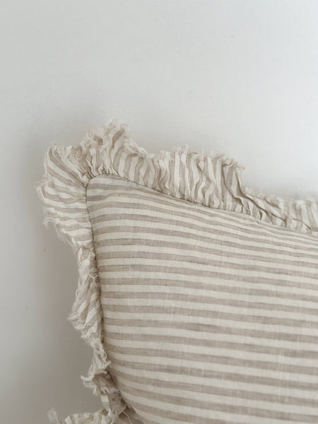 Hallie Ruffled Linen Cushion  – Natural Beige Stripe 20x12"