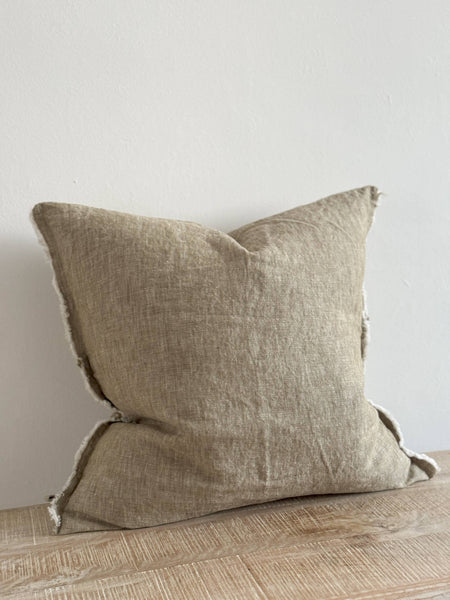 Esmee Fringed Linen Cushion – Washed Olive 18x18"