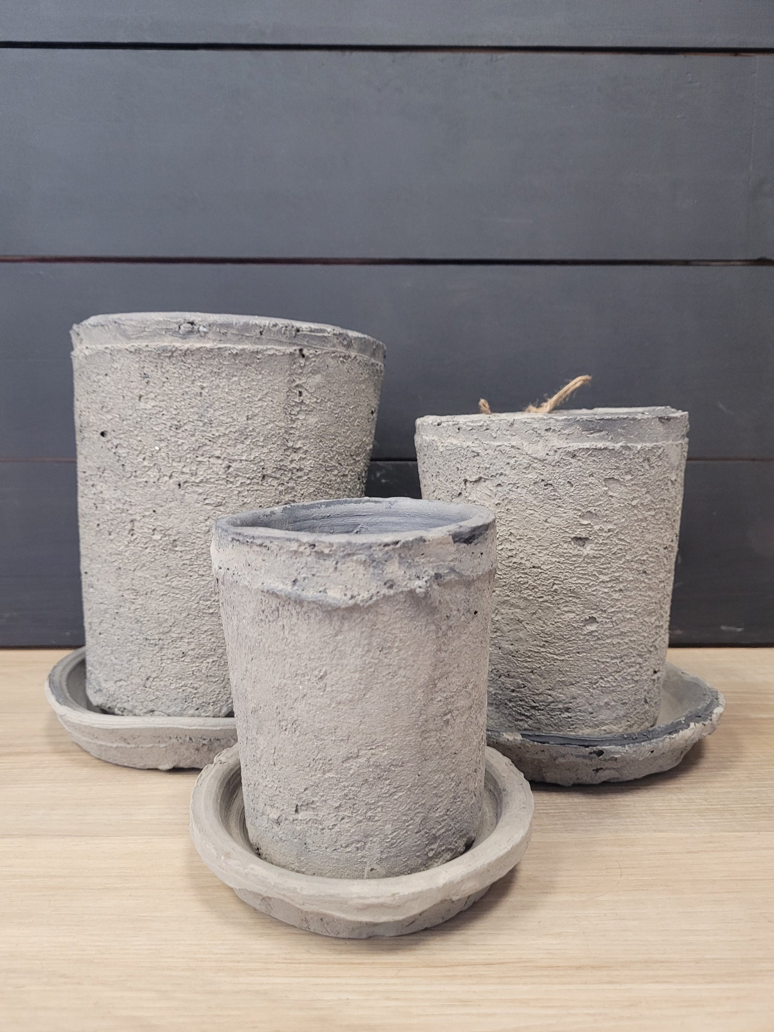 Aged Clay Cylinder Pot + Saucer- Antique Blackstone