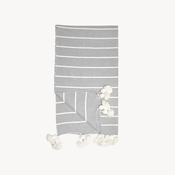 Monochrome Striped Moroccan Pom Pom Throw - Inverse Light Grey