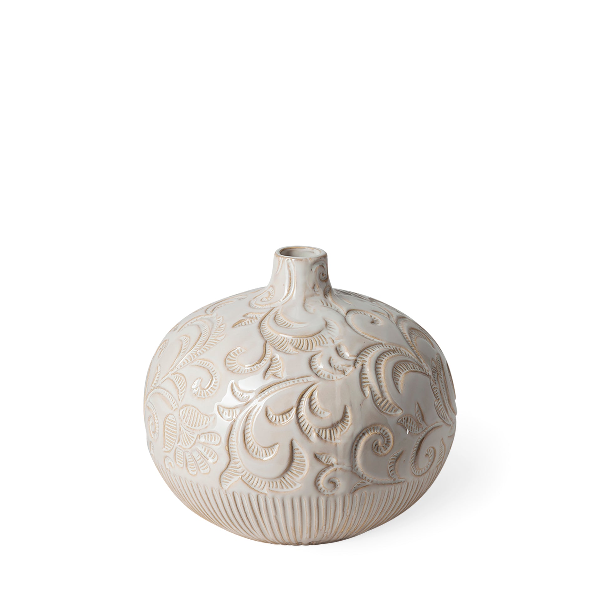 White Glaze Floral Patterned Ceramic Vase - 9.8"
