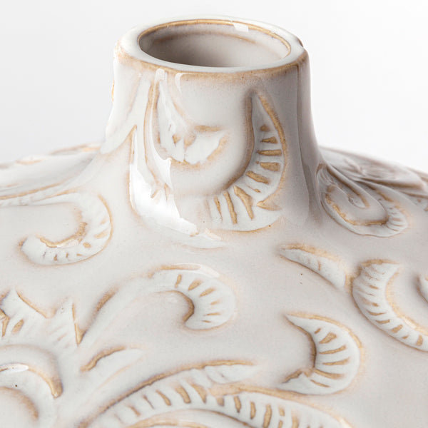 White Glaze Floral Patterned Ceramic Vase - 9.8"