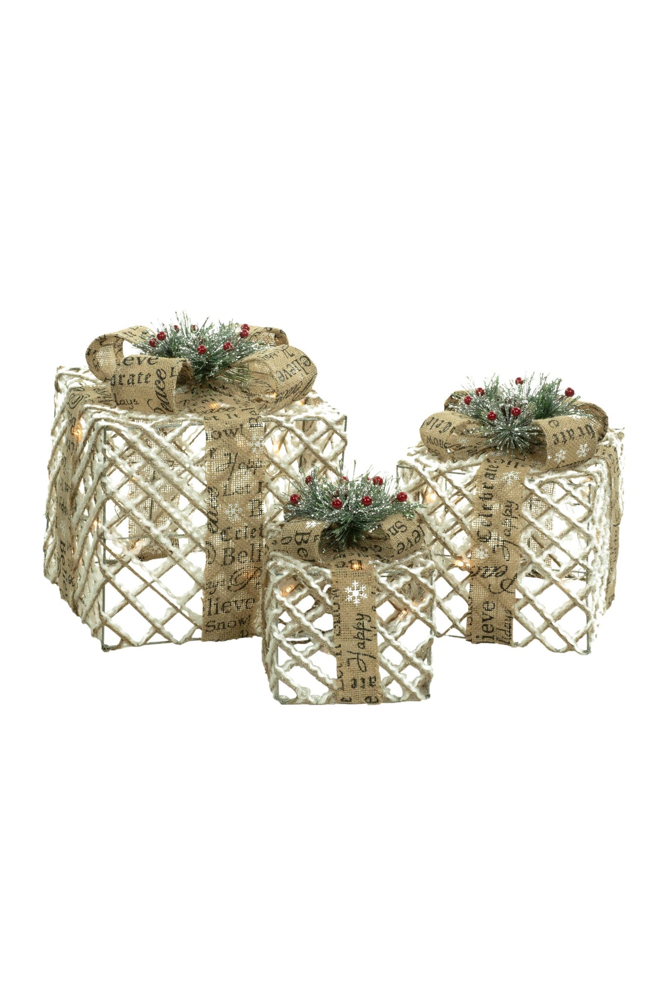 Brown Snow-Covered Lighted Present Box Set